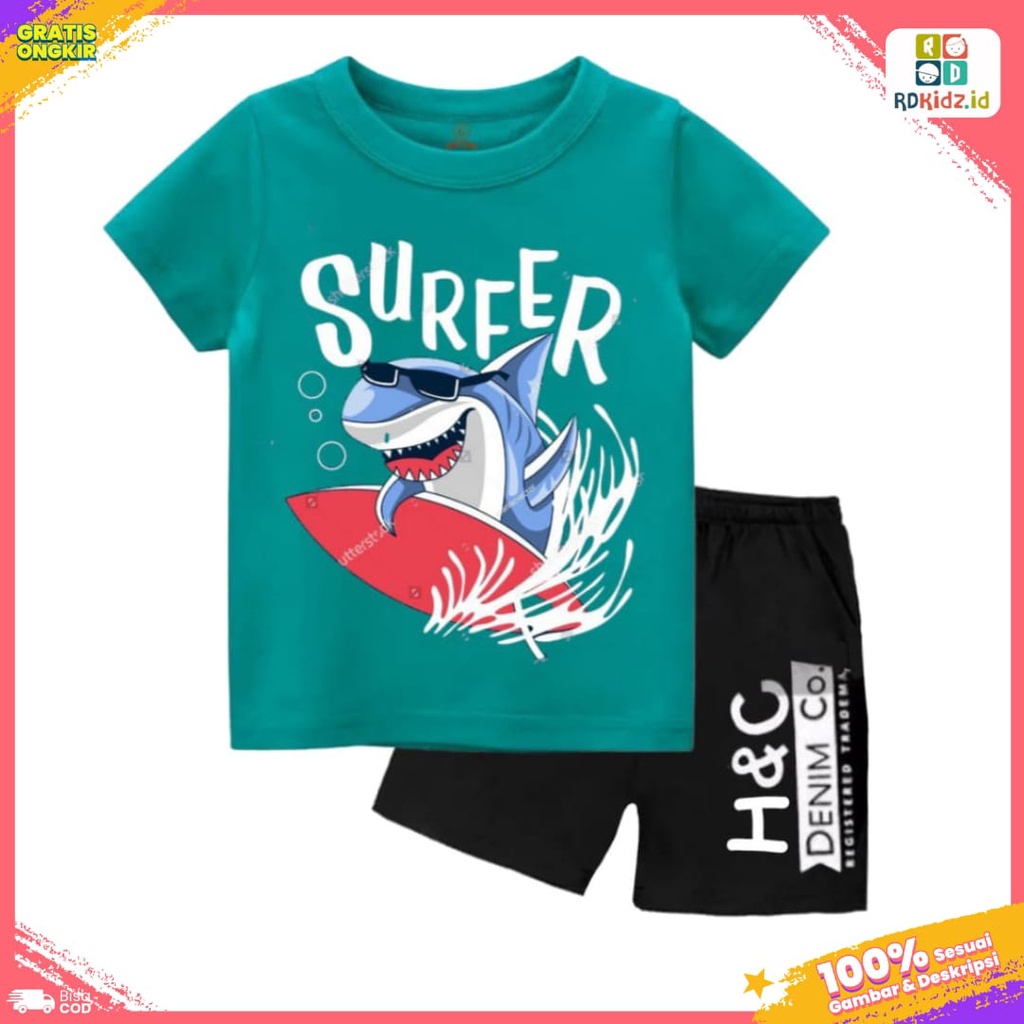 Rdkidzid Setelan Lengan Pendek Anak Laki Set Baju Kaos Anak Cowok Motif Shark Surfer