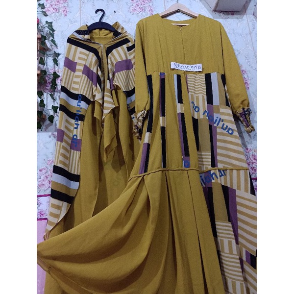 Gamis set khimar preloved printing cerruty babydoll dress second pl muslimah syar'i maxy umbrella