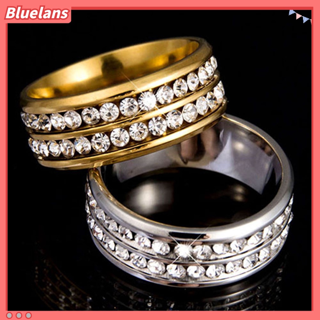 Bluelans Ring Wide-width Fadeless Titanium Steel Double Rows Rhinestone Unisex Jewelry Party