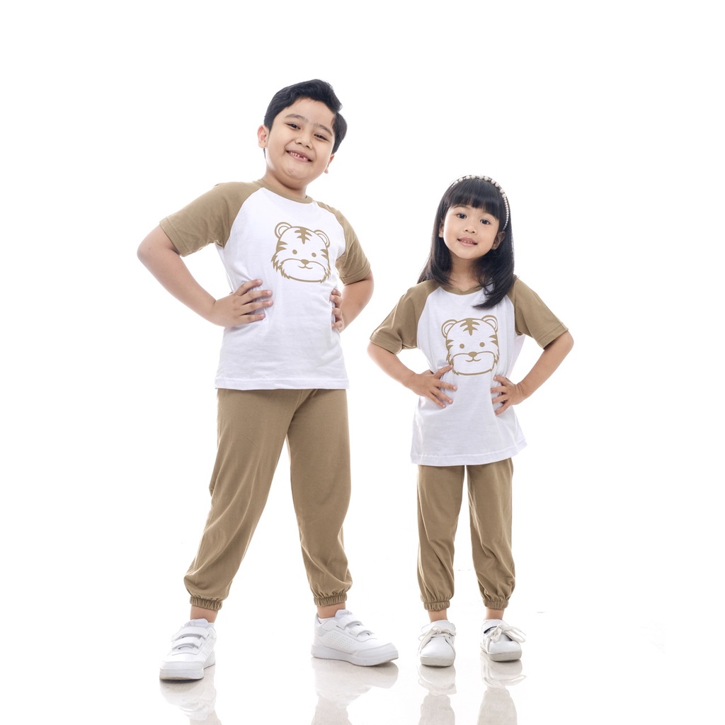 Setelan Kaos Playset Anak Setelan Joger Couple Baju Tidur Piyama Anak Raglan Unisex Celana Panjang Coklat Harimau