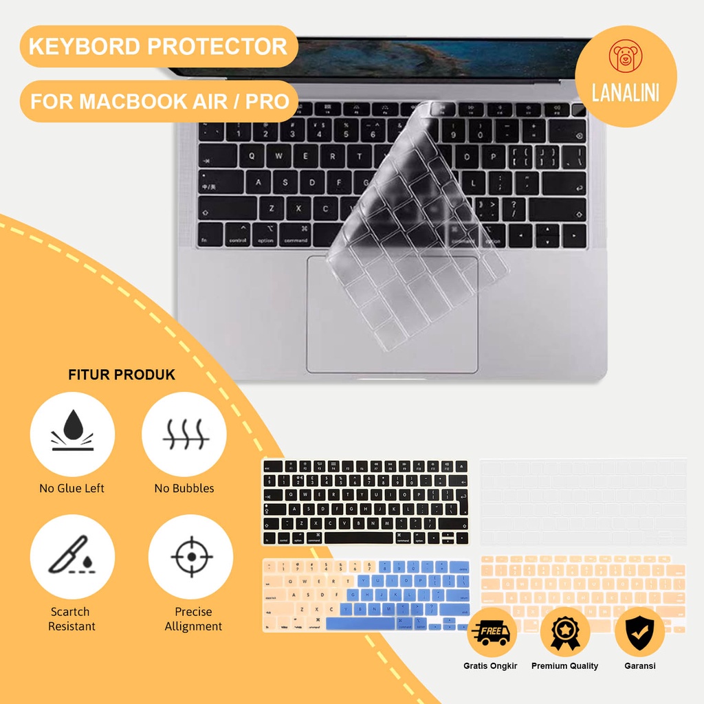 Keyboard Silicone SKin Protector Keyboard Waterproof Pelindung Laptop Macbook Air Pro 13 14 16 2017 2018 2019 2020 2021 A1932 A2179 A2337 A1706 A1708 A1989 A2159 A2251 A2289 A2338 2442 2485 A2141 2289 2251 Polos Warna Hitam Transparan Putih Pink Blue