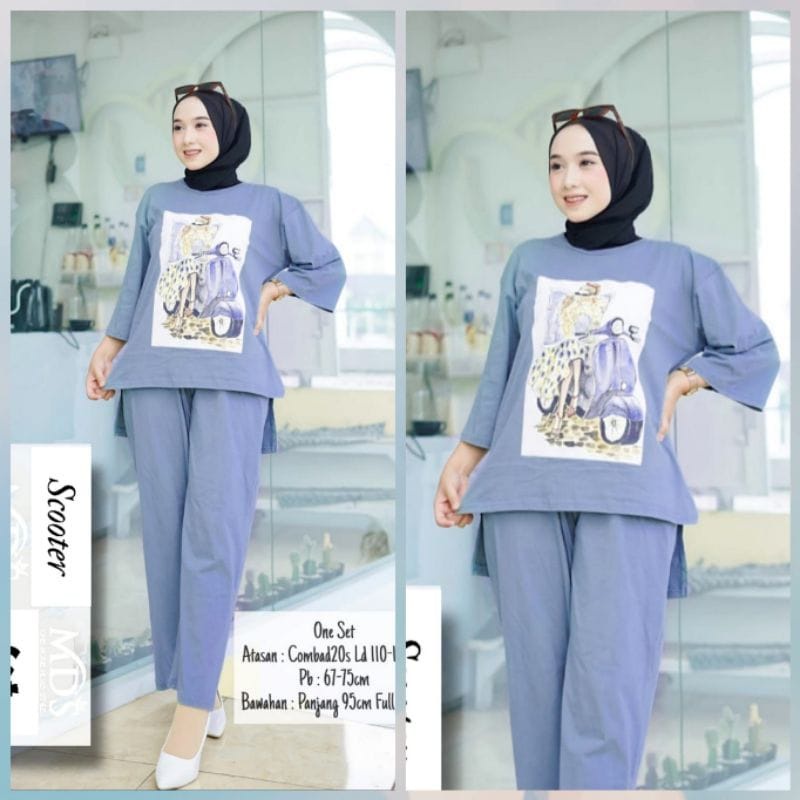 SCOOTER SET BO BAHAN COMBED APLIKASI SABLON UKURAN M L XL XXL PANJANG 67 - 75 CM LD 110 -120 CM SETELAN CELANA DAN ATASAN WANITA SETELAN WANIITA DEWASA MODEL SIMPLE DAN TERBARU 2022 DAPAT BAJU DAN CELANA