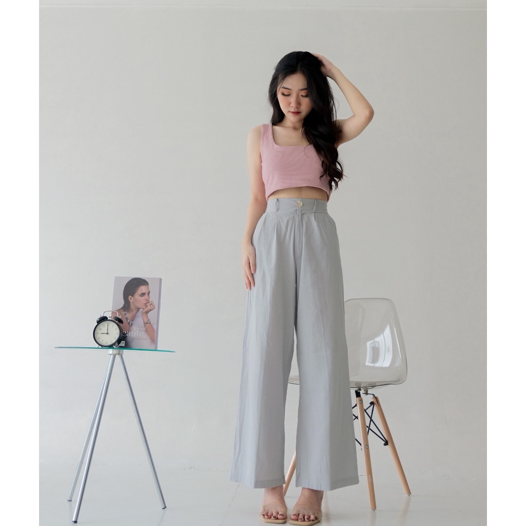 MOUISELLE Yeri Linen Crinkle Cullote | Highwaist Pants - Linen cullote with button