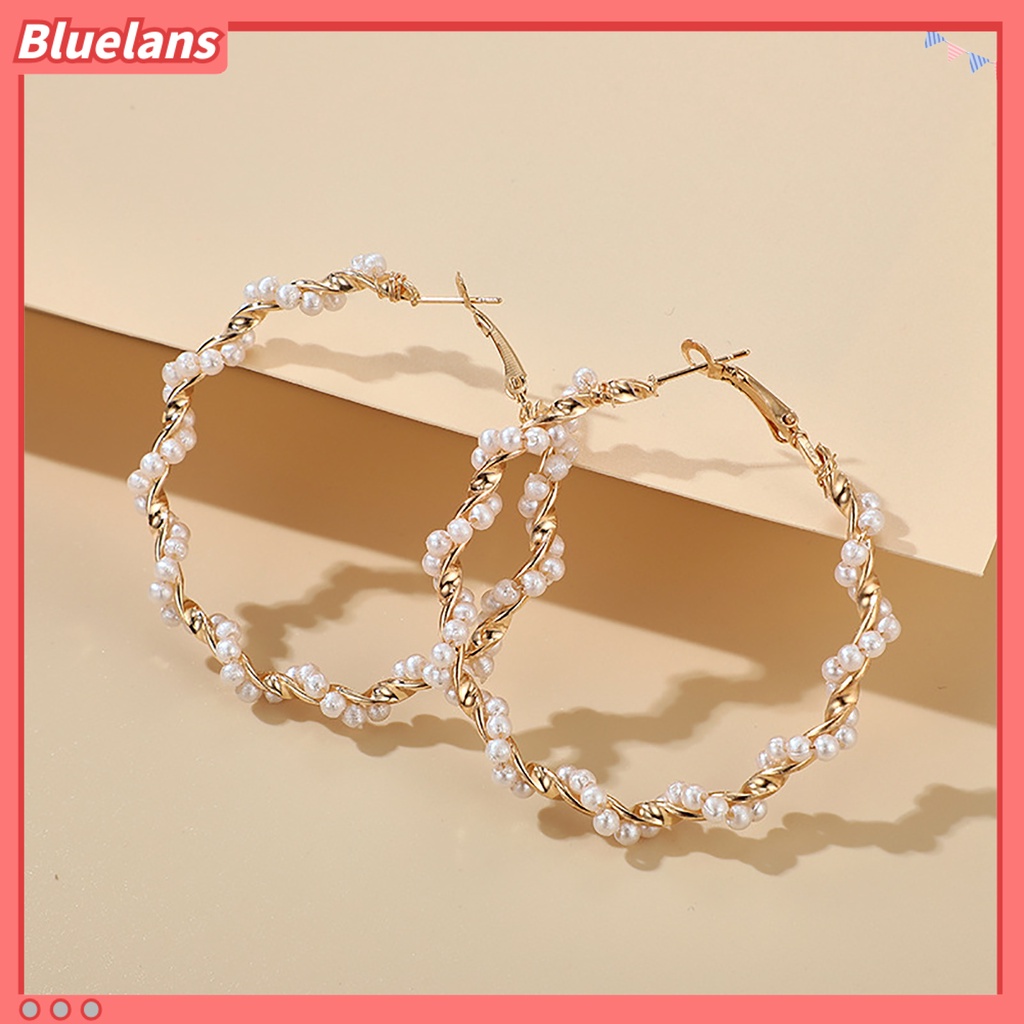Bluelans Anting Stud Bentuk Lingkaran Spiral Besar Aksen Mutiara Imitasi Untuk Pesta