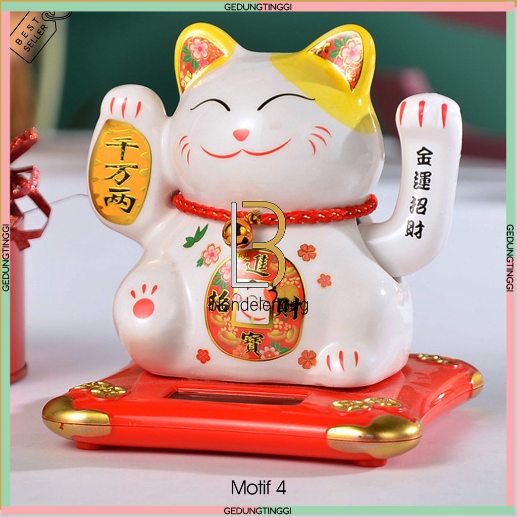 Patung Pajangan Boneka Dekorasi Kalung Kucing Panggil Hoki Lucky Cat Maneki Neko Maneko Neki Keberuntungan Rejeki Rezeki  Cina China Jepang Solar Cahaya Non Batre Batrai Baterai Tangan Goyang Dashboard Mobil Meja Toko Kasir Putih Ukuran Kecil Mini Keramik