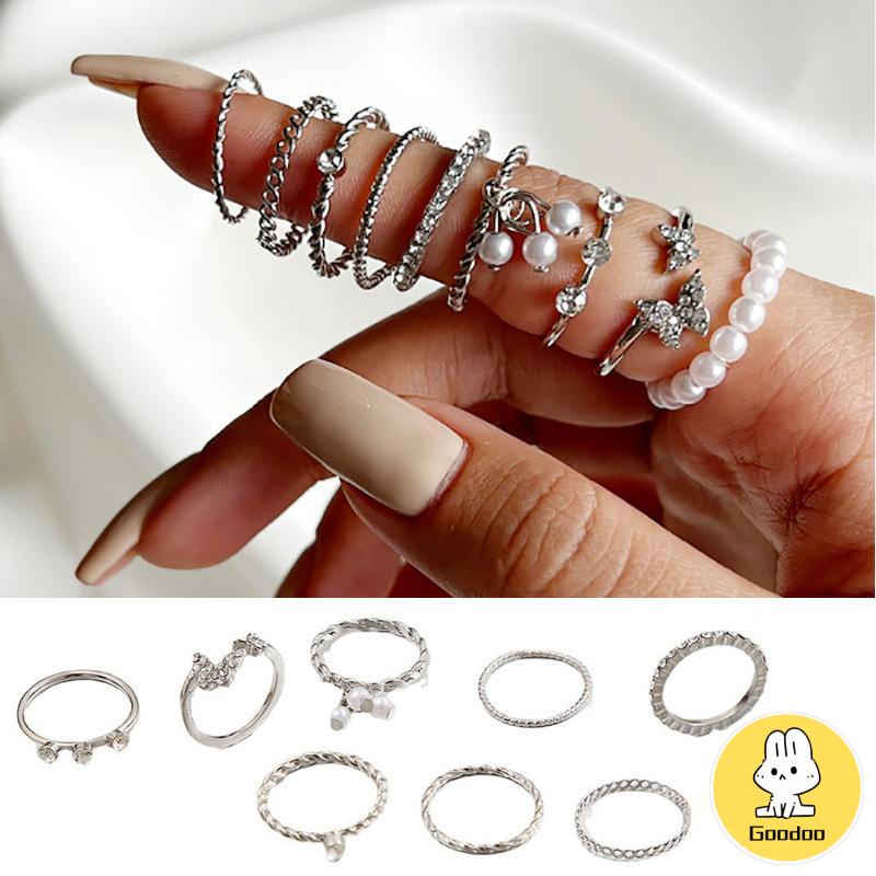 9 PCS Wanita Tipis Berongga Mutiara Kristal Kupu-kupu Berlian Premium Knuckle Ring Set -Doo