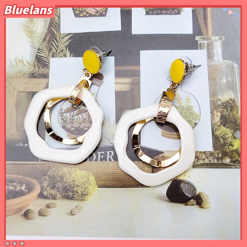 Anting Stud Menjuntai Bentuk Bulat Geometris Model Hollow Untuk Wanita