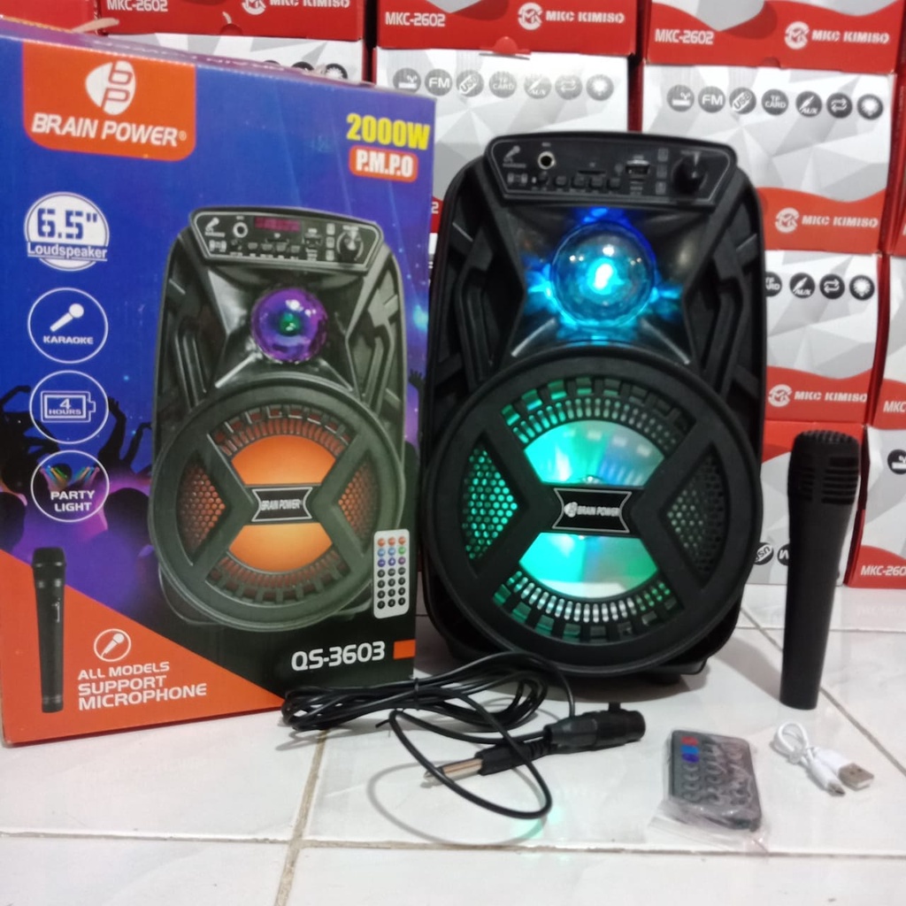 Speaker Bluetooth Portable Power brain QS-3603 Bonus Microphone 6.5 Inchi