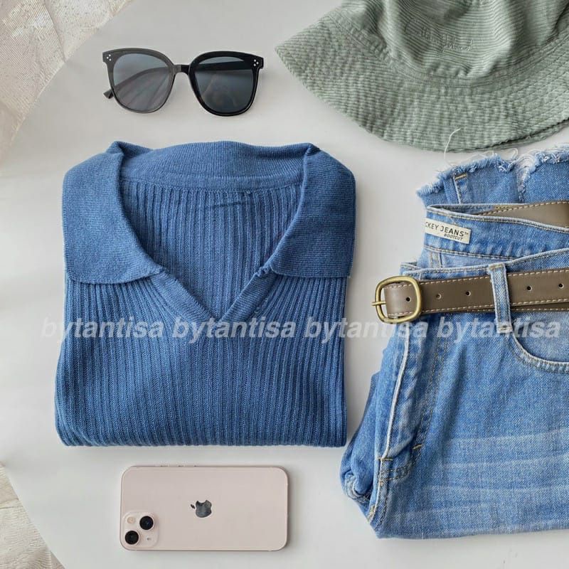 [BISA COD] Geani Crop Blouse / Atasan Wanita Berkerah Polo / Naomi Polo Knit Atasan Crop Top / Sweater Rajut Kerah Wanita Polos