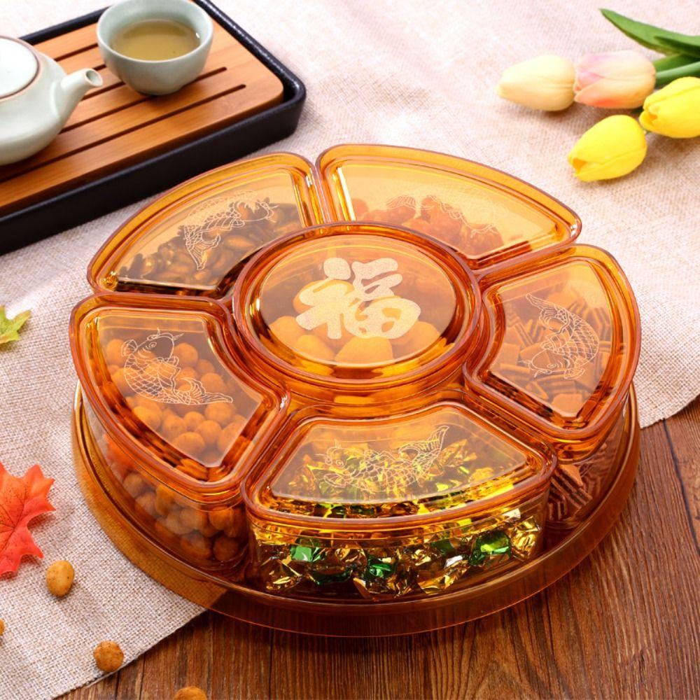 【 ELEGANT 】 Kotak Buah Kering Piknik Chinese New Year Organizer Plate Portable Dengan Tutup Rotating Food Saving Bins