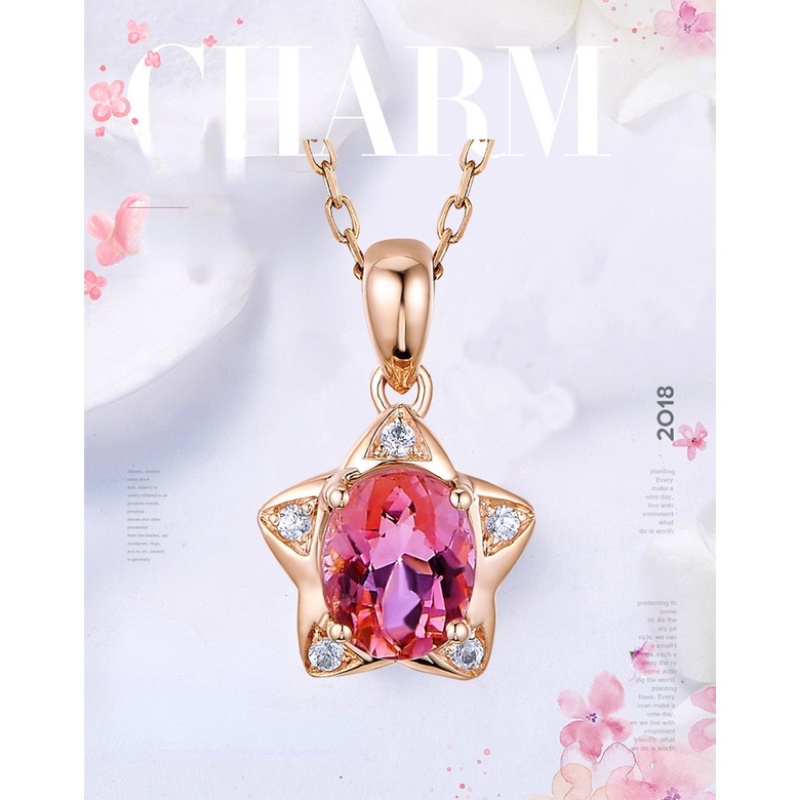 Goldkingdom Perhiasan Fashion 24K Bangkok Aksesoris Ready Stock 1karat Tourmaline Ruby Kalung Dengan Liontin Berlian Berlapis Rose Gold