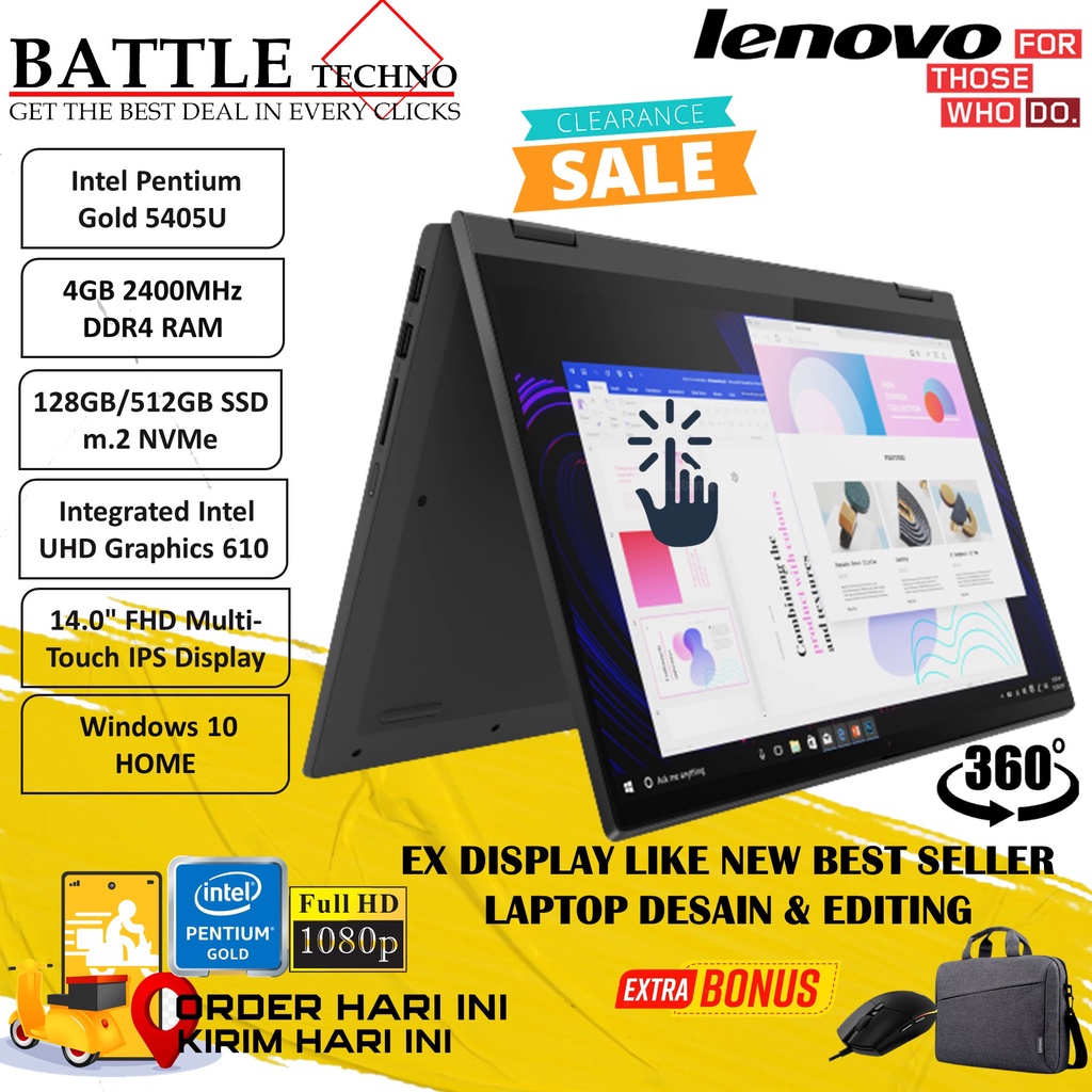 LAPTOP TOUCHSCREEN MURAH LENOVO IDEAPAD FLEX 14 INTEL PENTIUM GOLD 5405U 4GB 512GB FHD TOUCH WIN10HOME