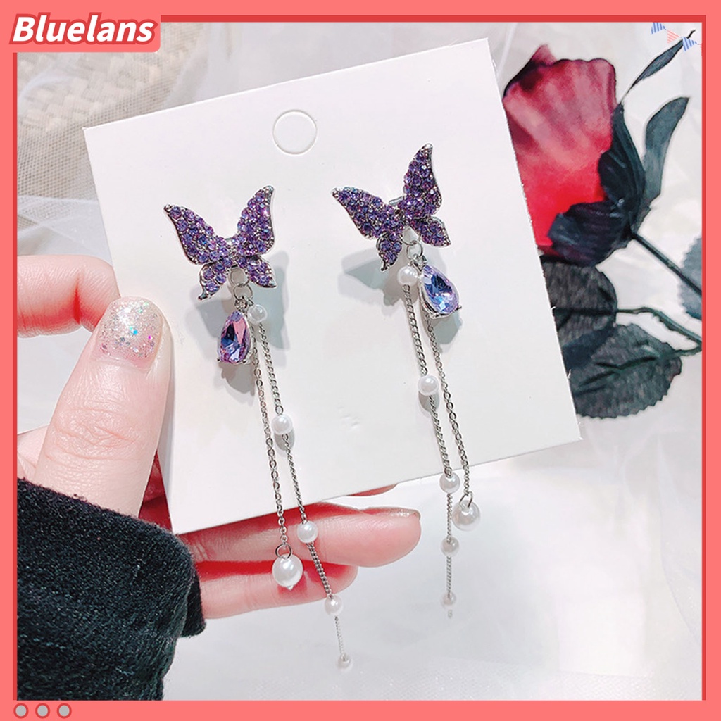 1 Pasang Anting Stud Rantai Rumbai Kupu-Kupu Mutiara Berlian Imitasi Kilau Untuk Wanita