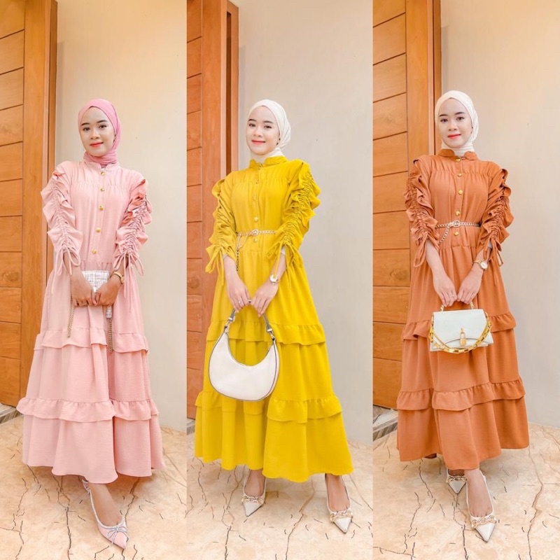shella dress (READY STOK) dress serut tangan kekinian busui friendly dress crinkle airflow premium outfit kondangan ootd selebgram lamaran wisuda dress lime bata gamis muslim murah gamis serut gamis kupu midi dress tangan serut