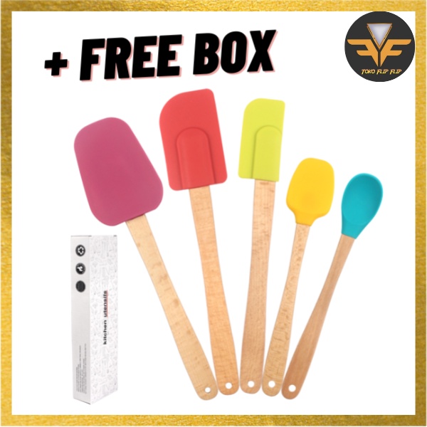 Spatula Set 5 in 1 FREE BOX Silicone Spatula Kayu Silicone 5 in 1 dengan Box Spatula Sutil Sodet Memasak Satu Set TERMURAH TERLARIS