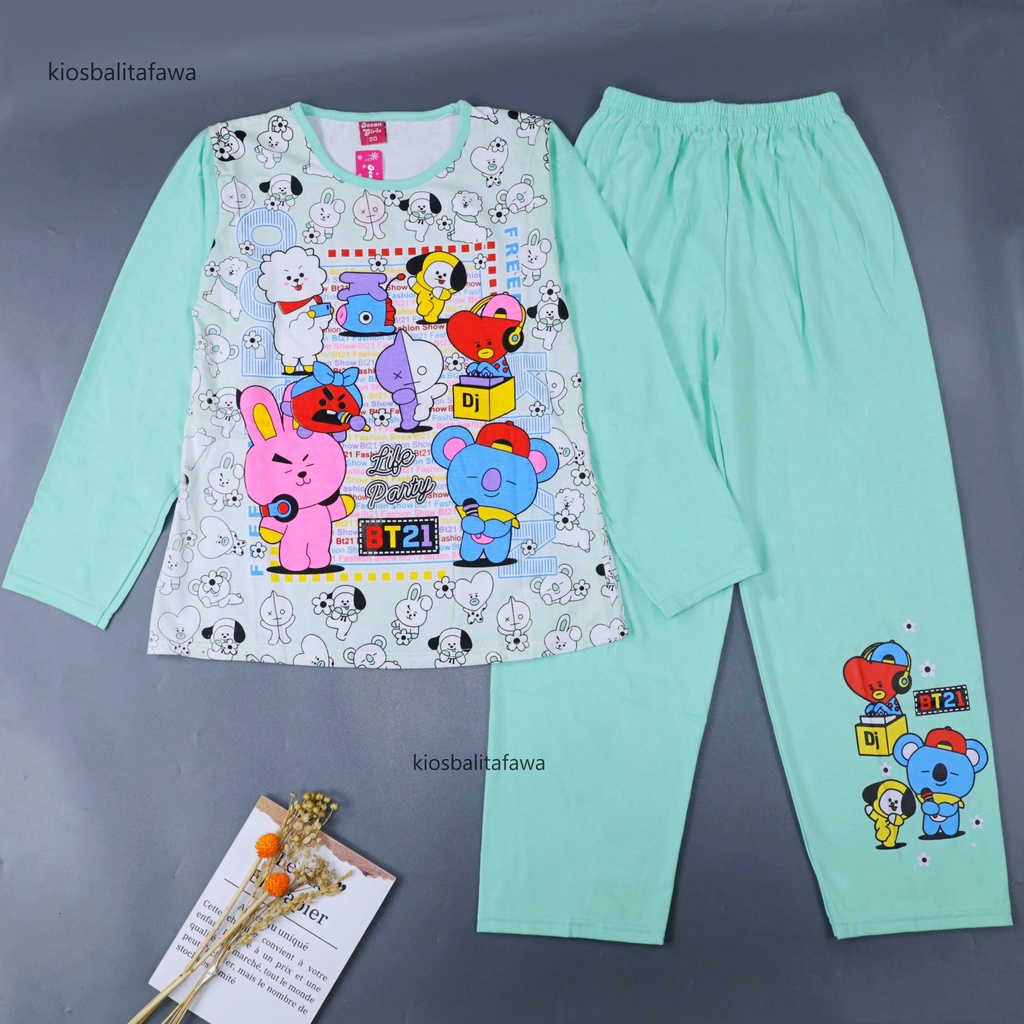 Piyama Karakter 9-10 Tahun / Baju Tidur Piyama Anak Perempuan Bahan Kaos COD Adem Lengan Celana Panjang Import Kaos Babycinnamon