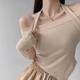 [Premium]Halter Neck Off-Shoulder Asymmetric Hem Crop 7284 (S/M/L)