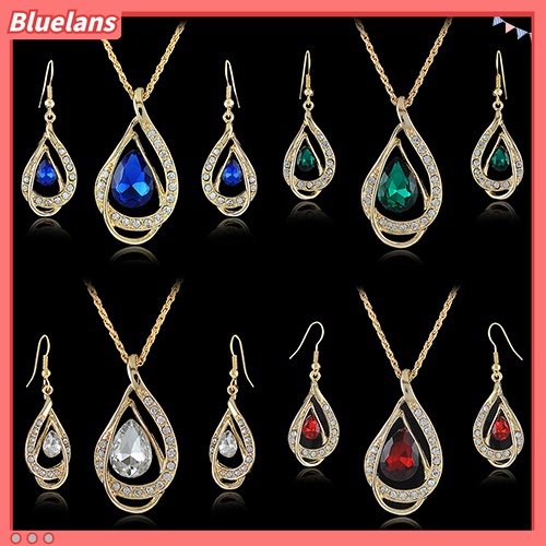 Set Perhiasan Kalung Rantai Emas Dengan Liontin Batu Kristal Bentuk Tetesan Air Untuk Pesta