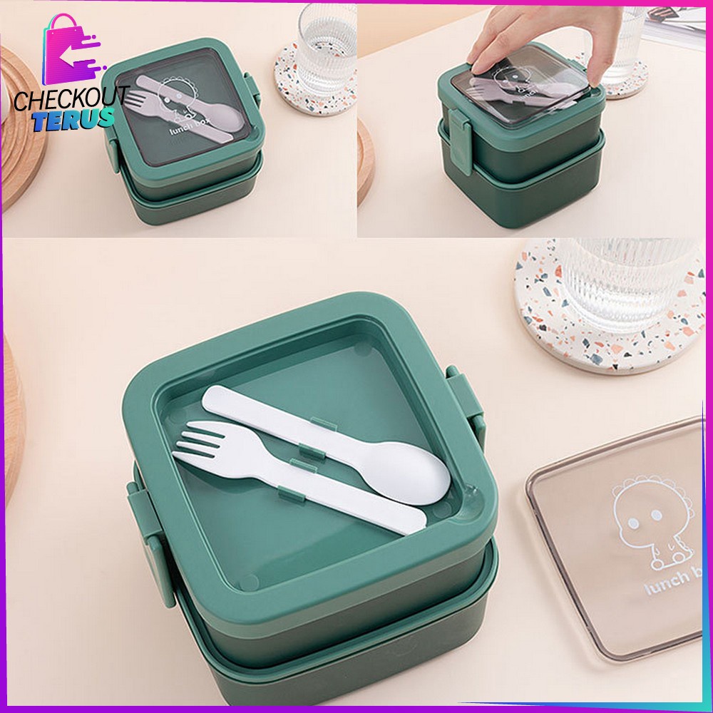 CT C695 Tempat Makan 2 Susun Stackable BPA FREE Kotak Bento Tingkat Dengan Sendok Garpu Set Portable Lunch Box Set