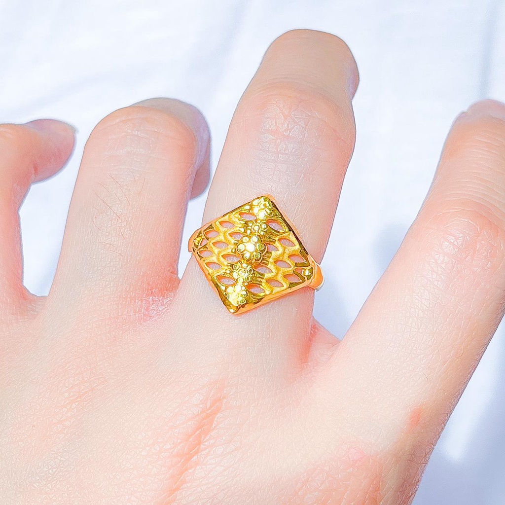Cincin anak dan dewasa emas asli kadar 700 70 16k kerawang segi wajik ukir kilat lebar tanpa permata bunga ringan 1 gram
