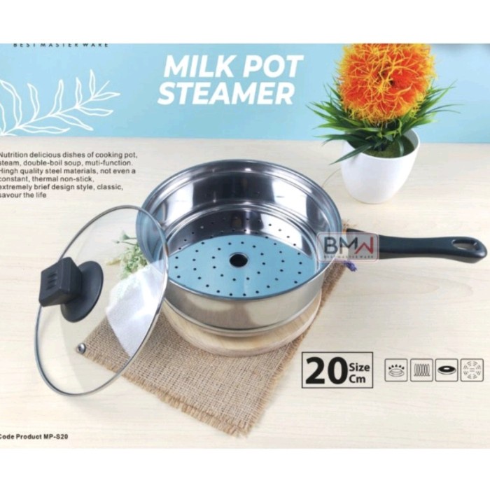 MILK POT Stainless / Panci Gagang Susu 20Cm Tutup Kaca+Kukusan Steamer