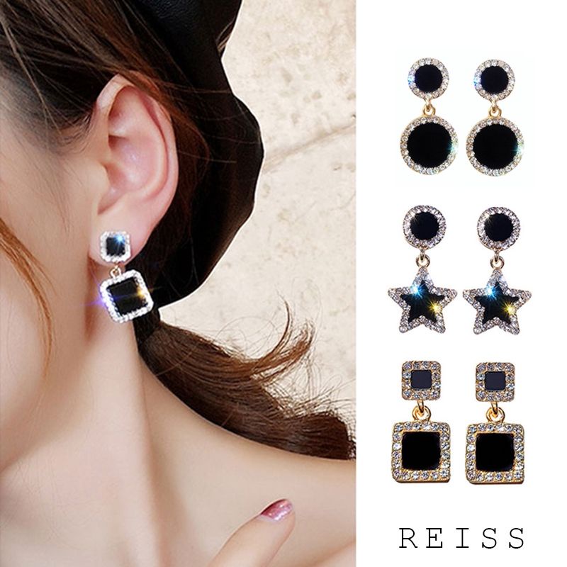 Anting tusuk gantung black geometri TJ