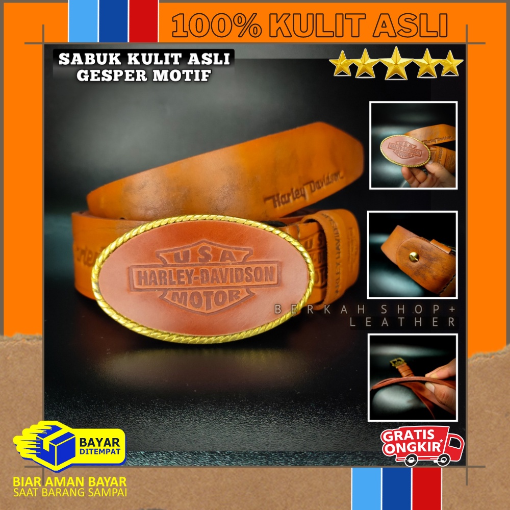 Sabuk Tali Ikat Pinggang Pria Kulit Asli Selapis Garut Original 100% Branded Gesper Motif Harley Dav