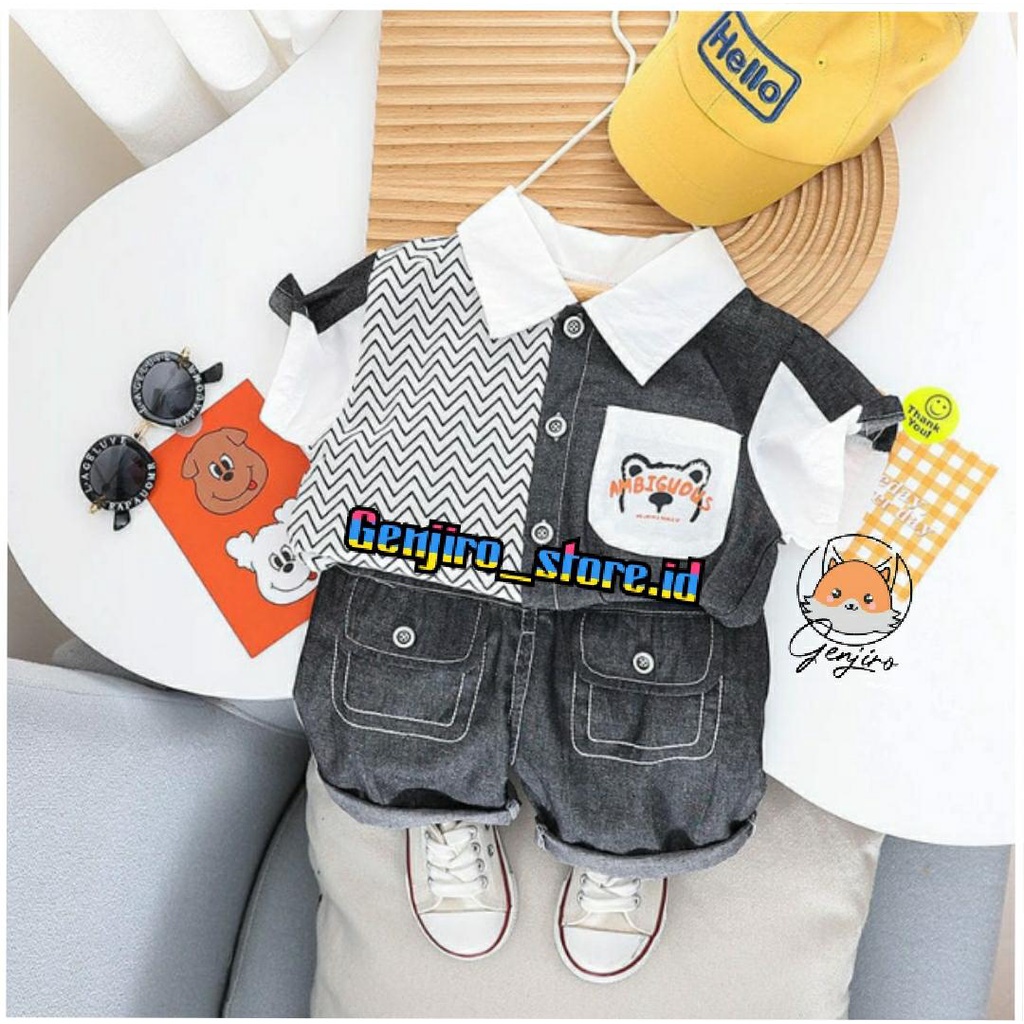 SETELAN ANAK LAKI LAKI / KEMJA AMBIGUOUS/KEMEJA LENGAN PENDEK/CELANA PENDEK/BAHAN SUPERNOVA/MOTIF SABLON/UNTUK LANAK LAKI LAKI USIA 6 BUALAN - 4 TAHUN/BISA COD