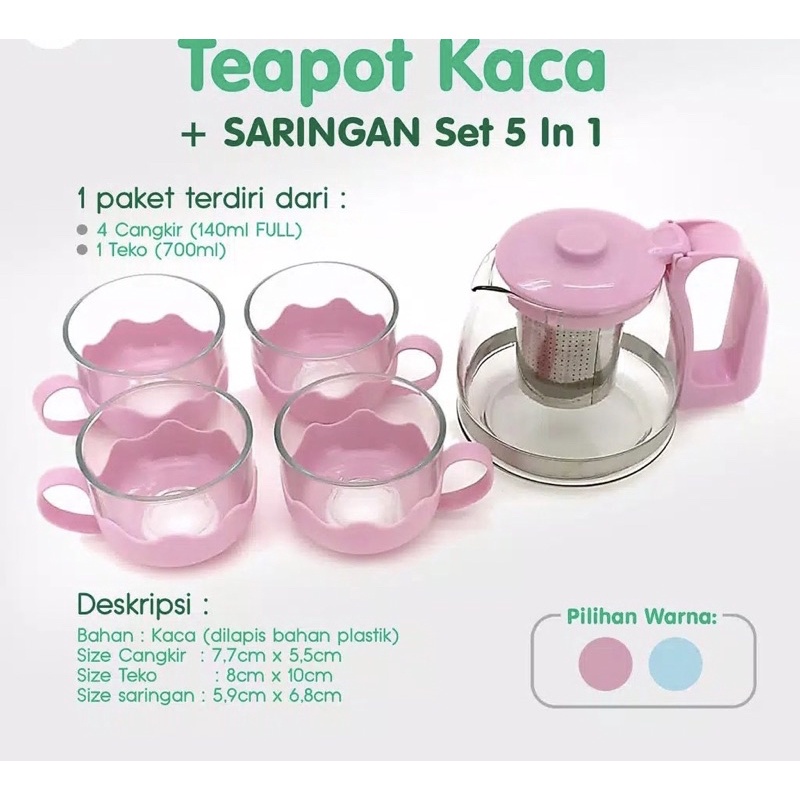 Teko Tea Pot Set 5IN1 Kaca - Tempat Minum Tea Pot Set Dan Gelas - Sounvenir Teko Set Cangkir Kaca