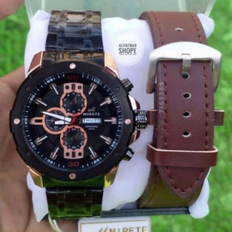 (BEST SELLER) Jam Tangan Mirete Sport Original Tanggal Hari Aktif Free  Tali Kulit | Jam Tangan Pria Analog Mirete Original | Jam Tangan Kasual Analog Stral Stainles Steel Tahan Air Free Box , FREE TALI kulit _ JAM Tangan Pria Mirete