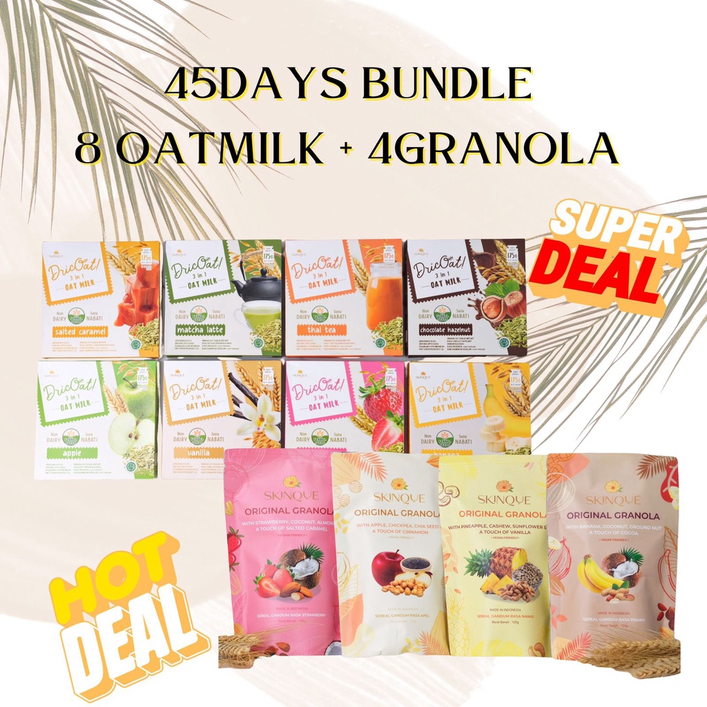 

SKINQUE.co - [BUNDLE 45 Hari] Dricoats 3 in 1 Oat Milk isi 5 x 8Box + 4 Granola by Skinque.co