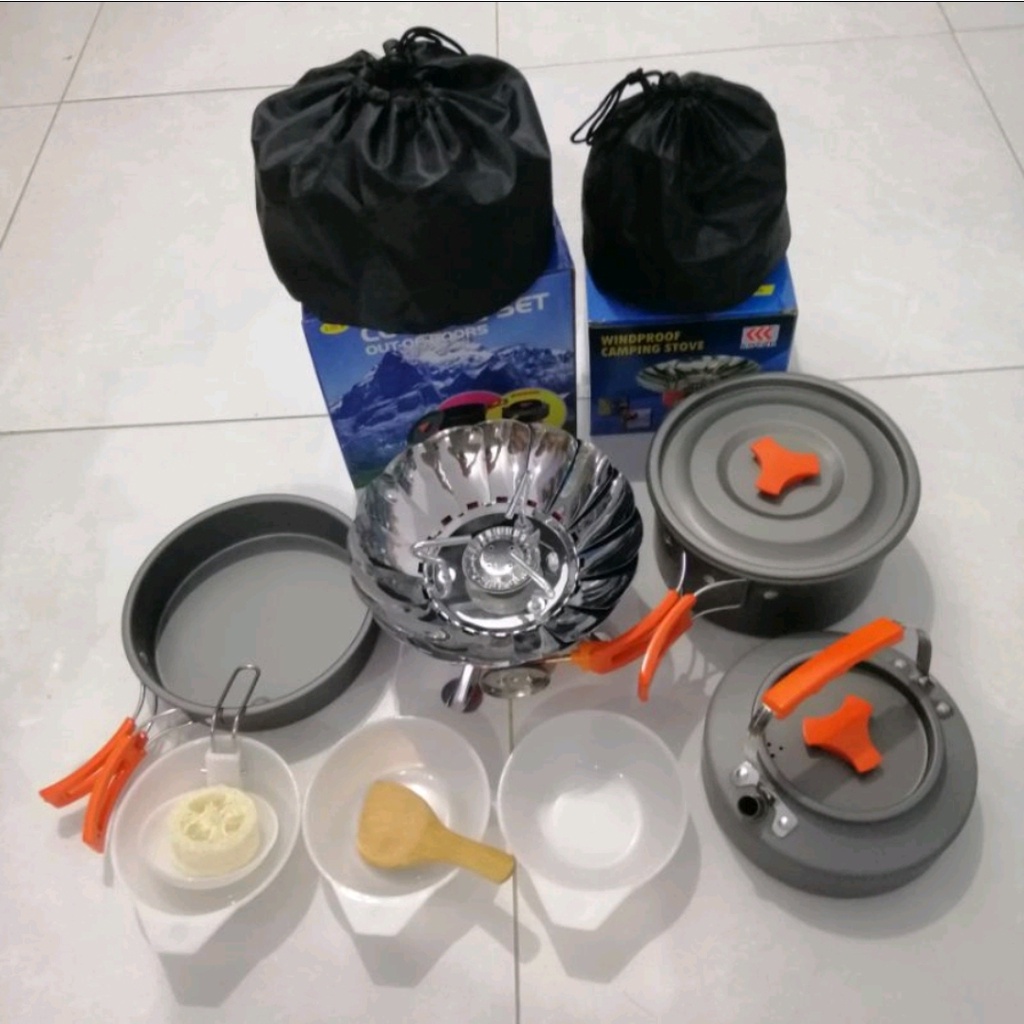 Cooking Set Plus Teko DS-308 &amp; Kompor Mawar Nesting Ceret Camping Outdor