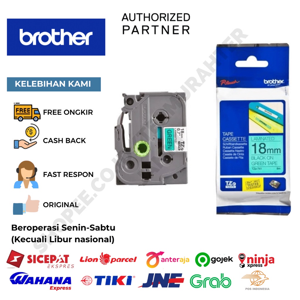 

Brother Ptouch Label Tape TZe-741 18mm Black on Green TZe741 Resmi
