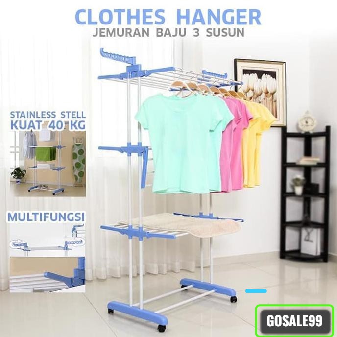 PROMO TURUN HARGA Jemuran Baju Lipat Simpel Utk Di Apartement / Jemuran Baju Bayi / Jemuran Korea 3 Susun KOKOH STAINLESS Stand - TERMURAH