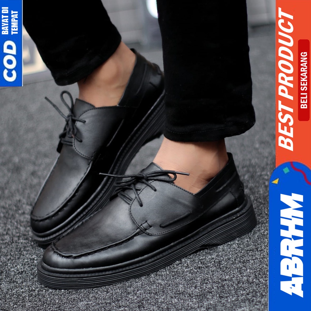 Sepatu Pantofel Hitam Kulit Asli Formal Kerja Kantor Pria Hitam Tali Abrhm Bugas