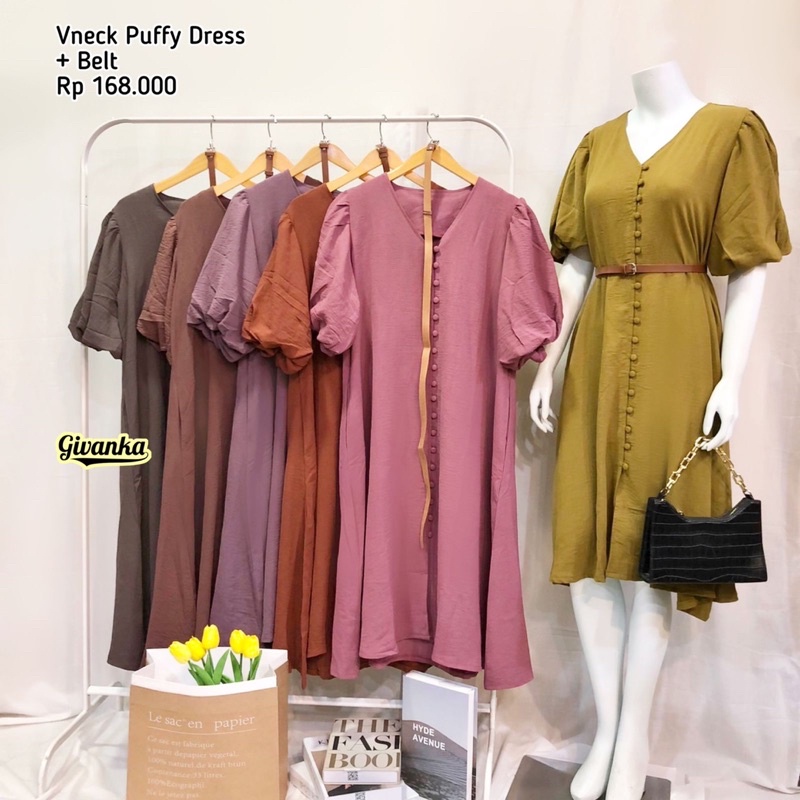 DRESS VNECK PUFFY+ FREE BELT VARIASI KANCING2// DRESS 7/8 LENGAN PENDEK PUFFY