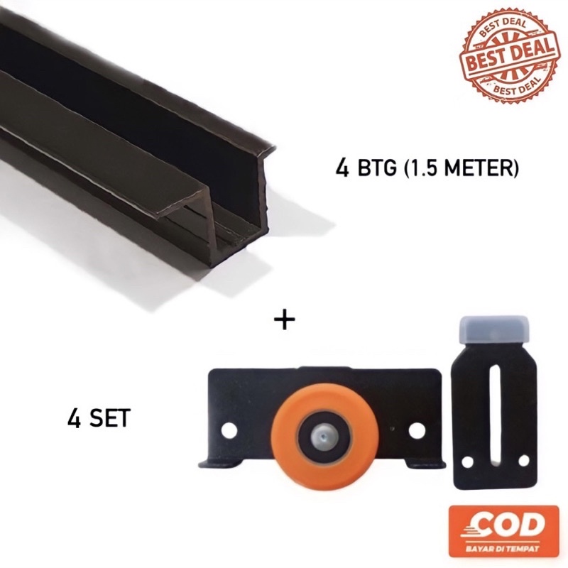 (2 Pintu) Paket 4 Rel Lemari AS 75 Lenaga 1.5 M + 4 Set Roda Orange SD 753 Pintu Geser / Sliding Huben