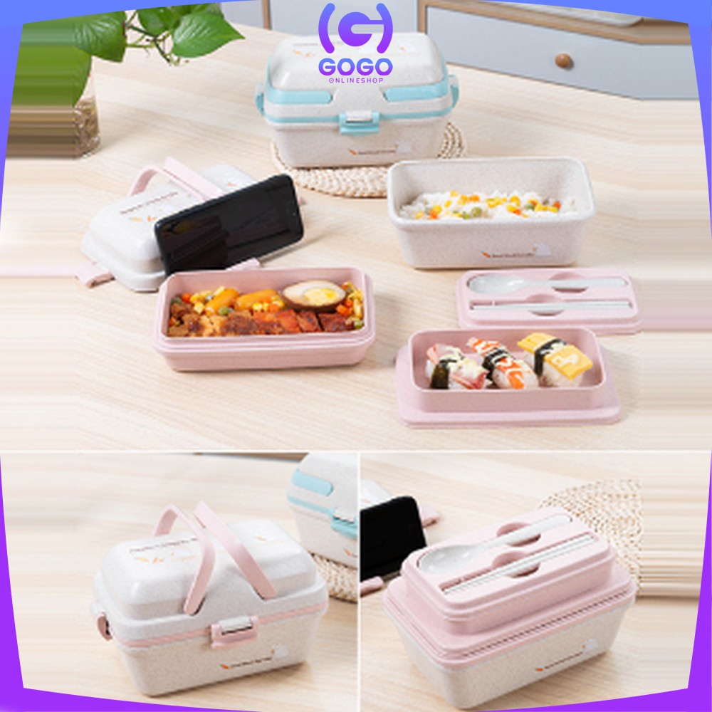 GOGO-C693 Tempat Makan Anti Tumpah Lunch Box Set Free Sendok Sumpit Bahan PP Jerami Gandum BPA FREE / Kotak Bekal Microwavable Bento Set Portable