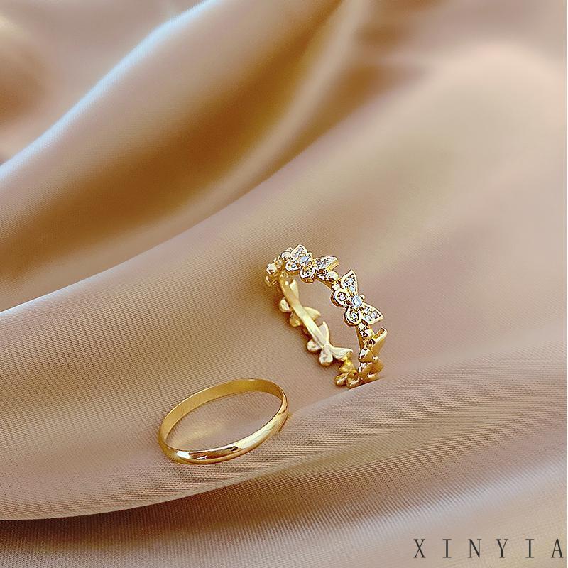 【Bayar di tempat】Korea Adjustable Cincin Model Terbuka Desain Kupu-Kupu Geometris Cross layer Ganda Aksen Mutiara Untuk Wanita Fashion Aksesoris