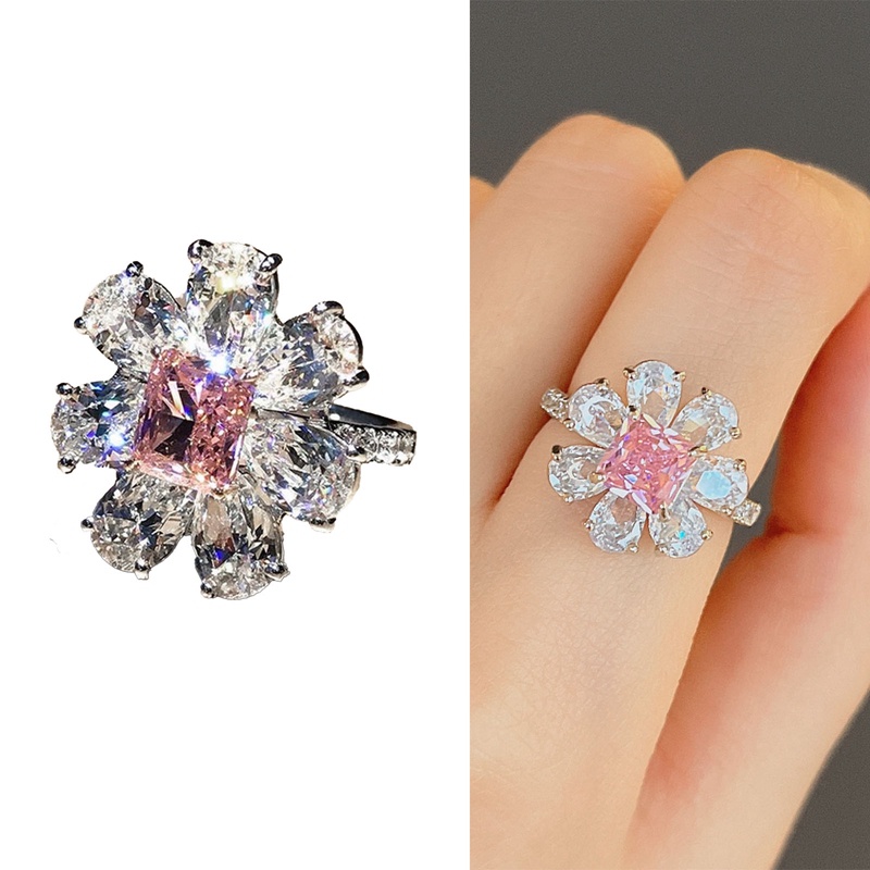 Fancyqube Cincin Silver Hias Berlian Zirkon Bentuk Kotak Warna Pink Untuk Wanita
