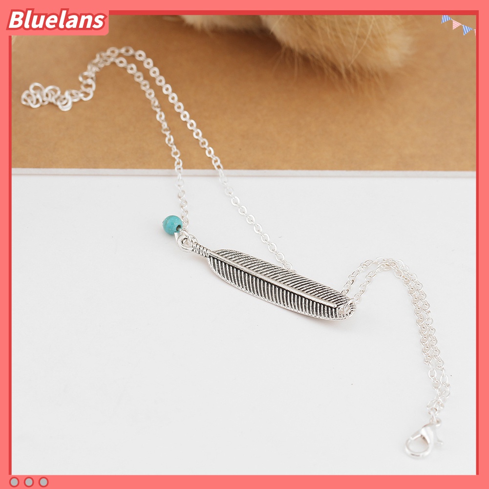 Gelang Kaki Rantai Liontin Bulu Manik-Manik Turquoise Gaya Retro Untuk Wanita