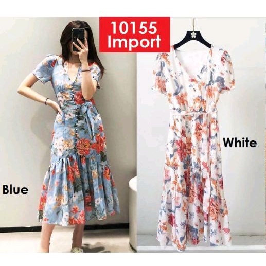 SUMMER DRESS GAUN PANTAI FLOWER MOTIF BUNGA FLORAL BAHAN SIFON IMPOR IMPORT AKSEN HIASAN KANCING DEPAN ADA BELT TALI IKAT PINGGANG SENADA KAIN BISA SESUAIKAN UKURAN PERUT PINGGANG