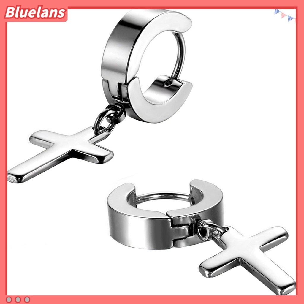 Bluelans 1 Pair Ear Dangle Cross Pendant Eco-friendly Stainless Steel Huggie Hinged Hoop Earrings for Men