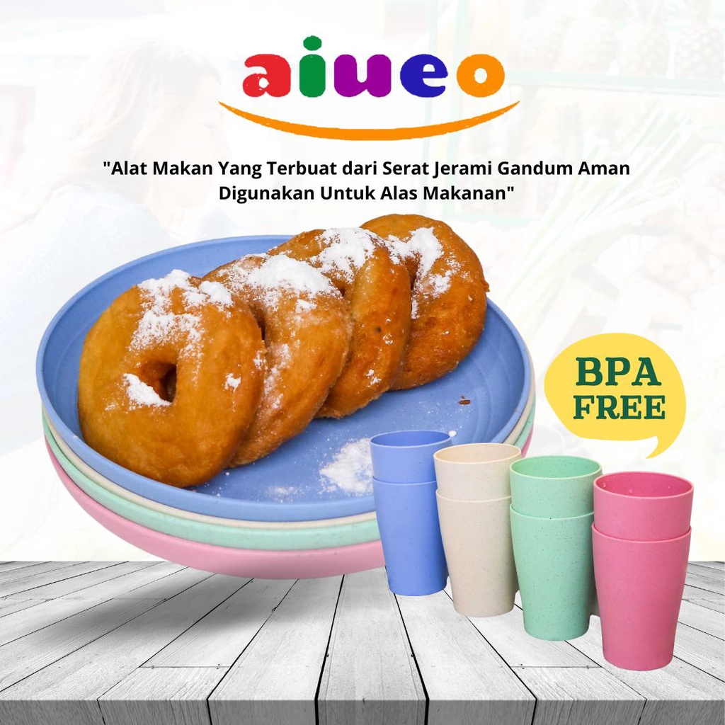 [Gratis Gelas] • 4 Pcs Piring Makan Wheat Straw Aesthetic Estetik Plastik | Piring Saji isi 4Pcs Warna Lengkap