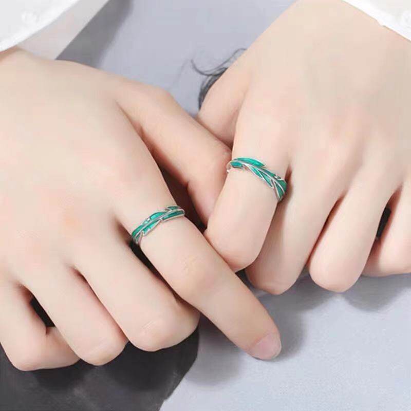 Cincin Enamel Bentuk Daun Hijau Adjustable Untuk Pria Dan Wanita