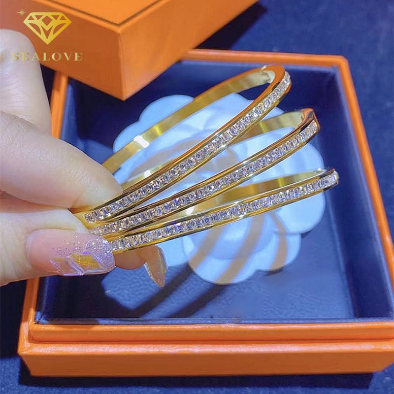 Gelang Titanium Wanita Diamond Premium Lapis Emas 18K anti karat dan tidak luntur selamanya Aksesoris