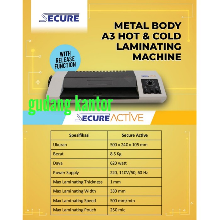 

Mesin Laminating SECURE ACTIVE SIZE A4 F4 & A3 ALAT LAMINASI LAMINATOR