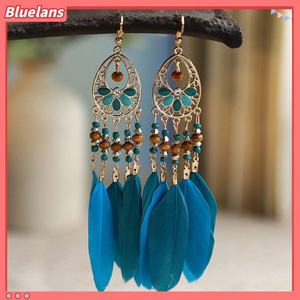 1 Pasang Anting Kait Rumbai Panjang Model Hollow Bahan Kayu Aksen Bulu Gaya Bohemian Untuk Hadiah