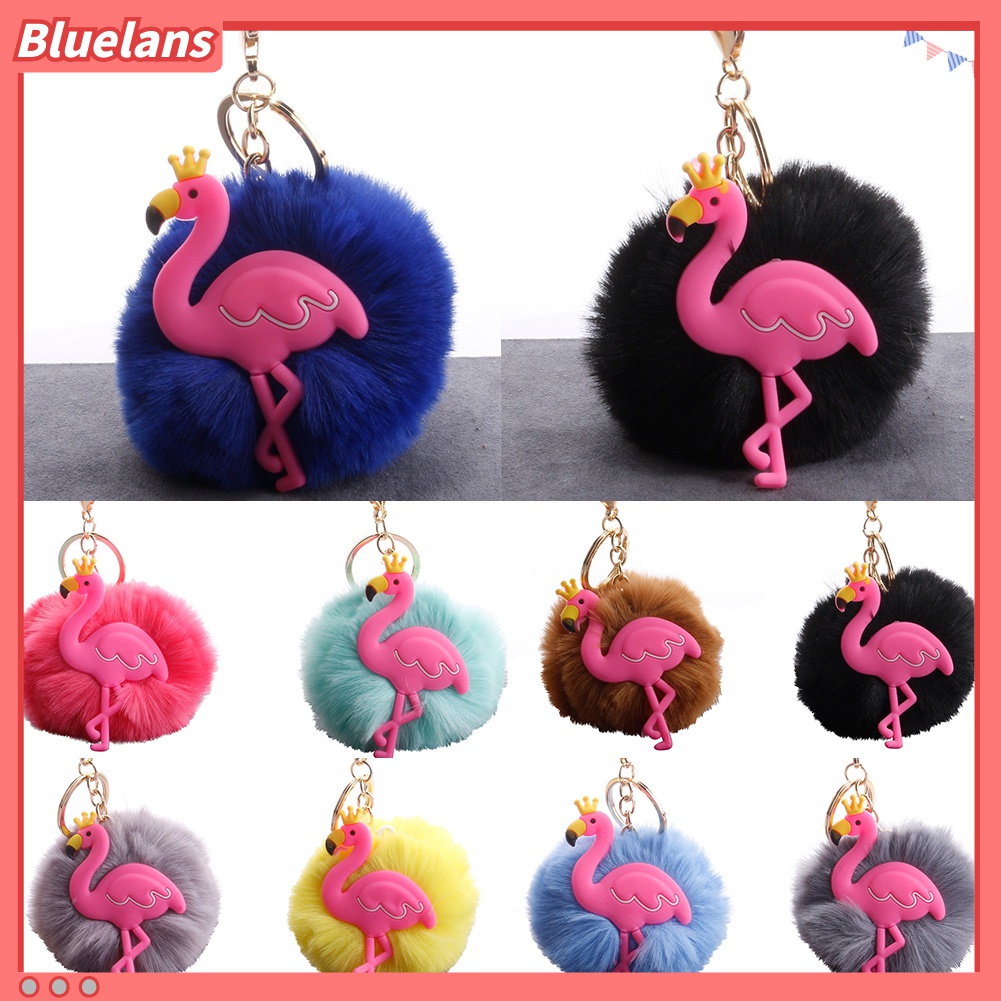 Gantungan Kunci Desain Flamingo Mahkota Pompom Fluffy Untuk Mobil / Tas