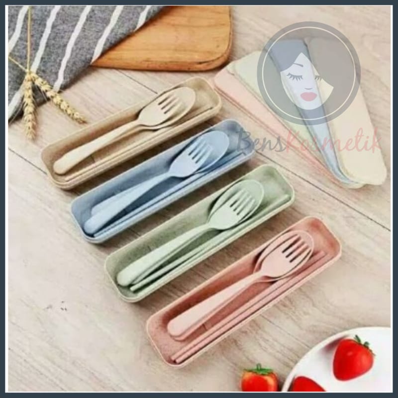Serat Gandum Sendok Set Travel Portable Ramah Lingkungan